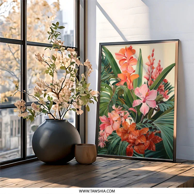 Tropical Floral Wall Art, Exotic Flower Print, Botanical Home Decor, Vibrant Hibiscus, Orange Canna Lily, Nature Inspired Artwork - Tawshia