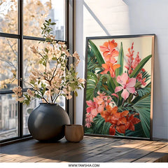 Tropical Floral Wall Art, Exotic Flower Print, Botanical Home Decor, Vibrant Hibiscus, Orange Canna Lily, Nature Inspired Artwork - Tawshia