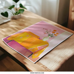 Still Life Photographic Print, Orange Tablecloth Art, Pink Wall Decor, Floral Arrangement, Home Decor Art Print - Tawshia