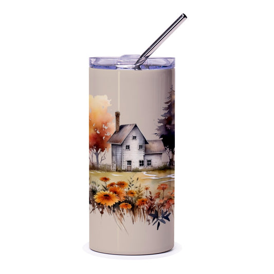 Farmhouse Tumbler, Watercolor House Tumbler, Autumn Country Tumbler, Rustic Cottage Tumbler, Fall Tumbler, Gift Idea - Tawshia