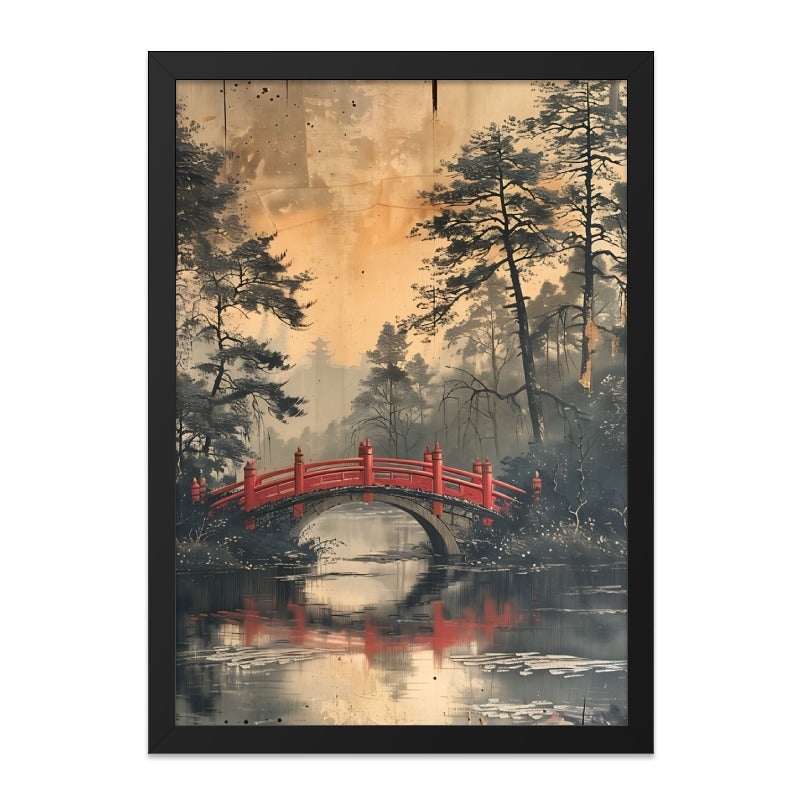 Red Bridge Japanese Wall Art, Oriental Scenery Print, Asian Landscape Decor, Peaceful River Artwork, Serene Wall Hanging - Tawshia