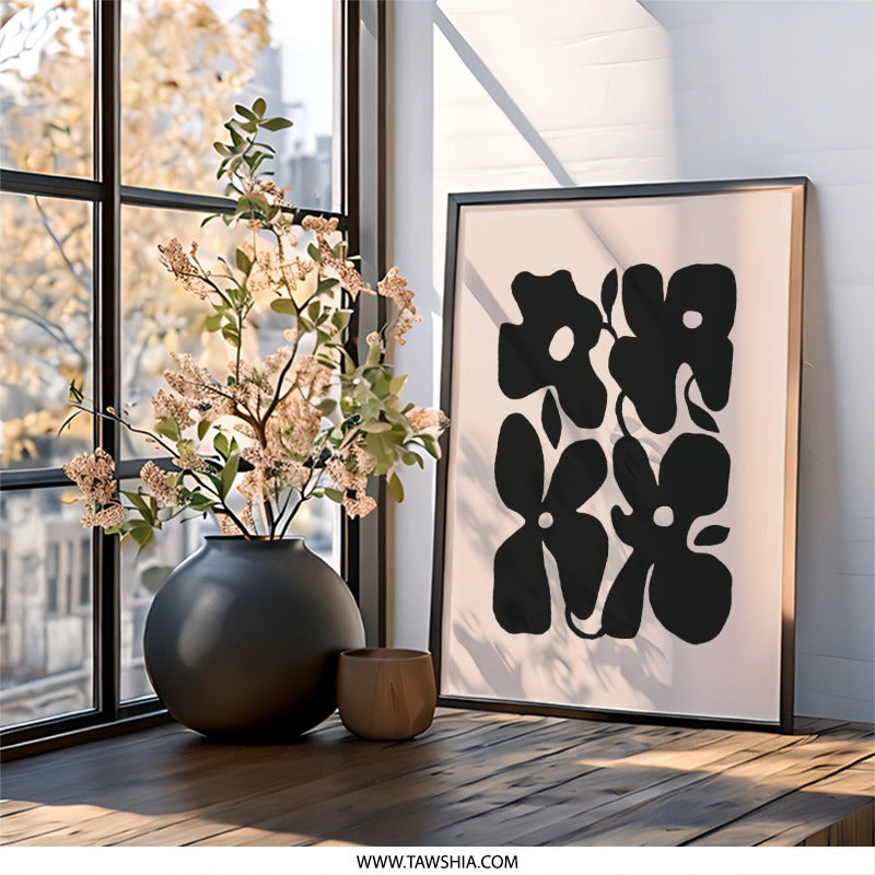 Abstract Floral Wall Art, Black and Beige Print, Modern Flower Art, Botanical Home Decor, Minimalist Wall Decor - Tawshia