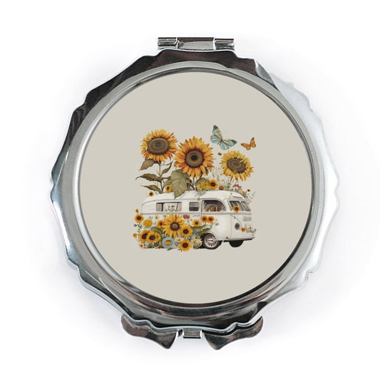 Sunflower Van Pocket Mirror, Floral Butterfly Compact Mirror, Hippie VW Bus Portable Mirror, Travel Mirror, Aesthetic Gifts for Her - Tawshia
