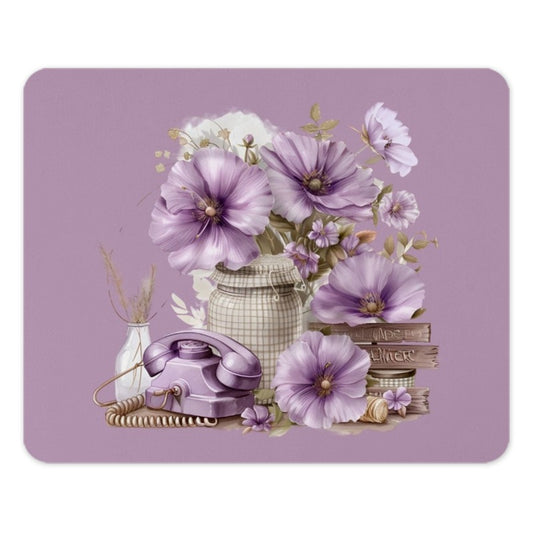 Lavender Floral Mouse Pad, Purple Flower Computer Accessory, Desk Decor, Vintage Phone Gift, Elegant Botanical Office, Floral Art - Tawshia