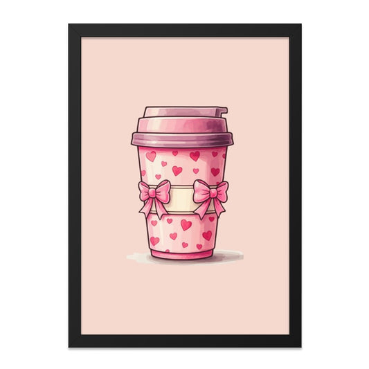 Pink Coffee Cup Framed Wall Art, Hearts and Bows Decor, Coffee Lover Gift, Cute Kitchen Art, Pink Wall Art, Beverage Illustration - Tawshia
