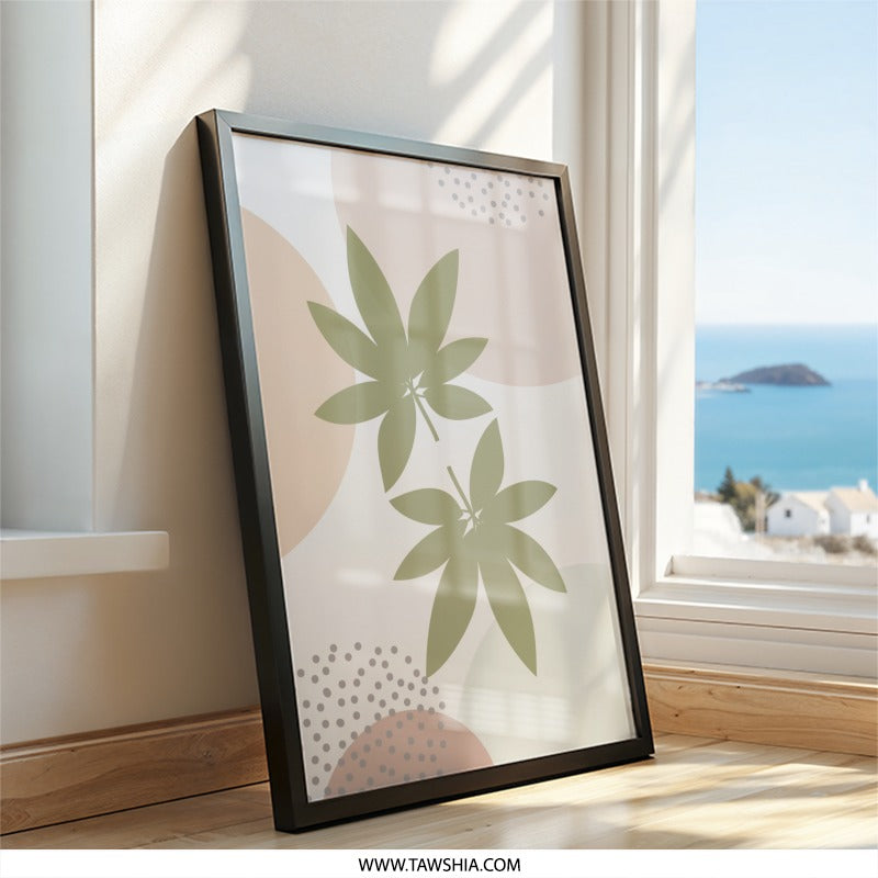 Botanical Wall Art Print, Minimalist Leaves Art, Neutral Tone Art, Modern Wall Decor, Foliage Art Print, Circle Abstract Art - Tawshia