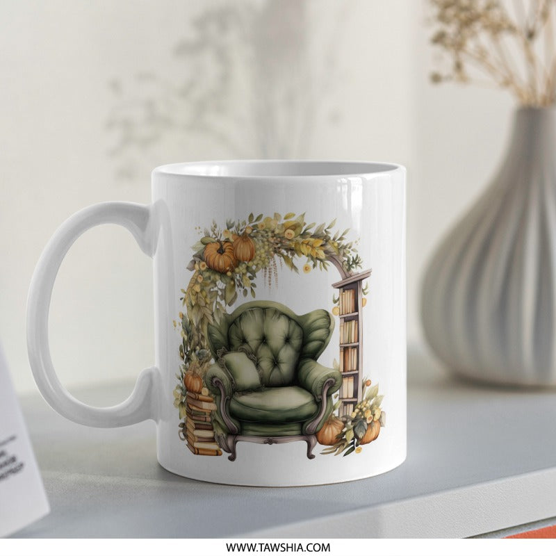 Autumn Reading Nook Mug, Cozy Chair Coffee Mug, Book Lover Gift Mug, Fall Decor Mug, Pumpkin and Books Mug, Thanksgiving Mug - Tawshia