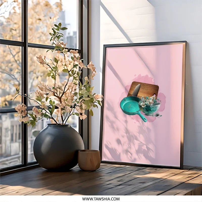 Kitchen Wall Art, Cooking Art Print, Kitchen Decor, Teal Pan Art, Floral Bowl Print, Cutting Board Art, Knife Art Print, Home Wall Art - Tawshia