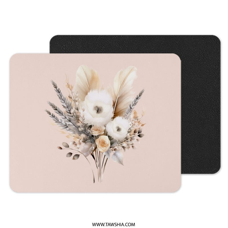 Boho Floral Mouse Pad, Feather Bouquet Mousepad, Elegant Computer Accessory, Pastel Office Decor, Desk Mat for Her, Unique Floral Gift Idea - Tawshia