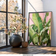 Banana Leaf Wall Art, Tropical Plant Print, Pink Background Art, Botanical Decor, Exotic Leaf Art, Nature Inspired Wall Decor - Tawshia