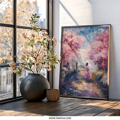 Cherry Blossom Wall Art, Girl in Pink Dress Art, Floral Scenery Painting, Impressionist Wall Decor, Spring Season Art Print - Tawshia