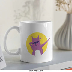 Stylish Dabbing Cat Design with Yellow Circle Mug product type