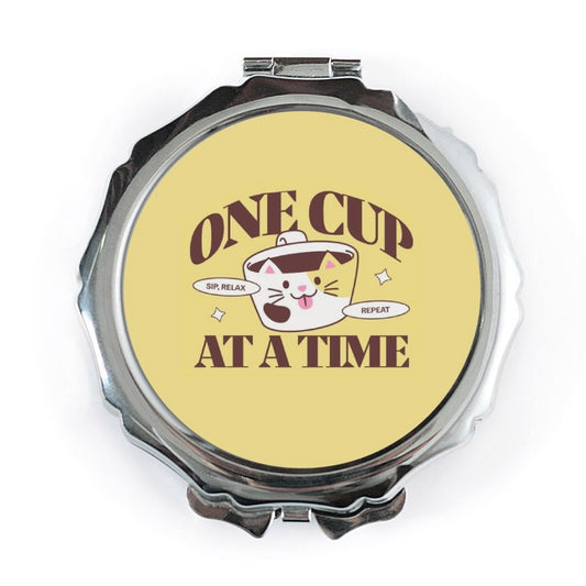 One Cup At A Time Pocket Mirror, Cute Cat Coffee Lover Gift, Self Care Mirror, Funny Quote Mirror, Encouragement Gift for Friend - Tawshia