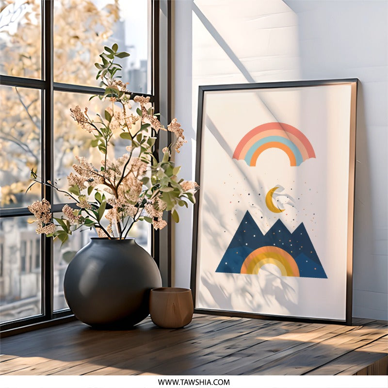 Modern Mountain Wall Art, Rainbow Print, Boho Nursery Decor, Celestial Landscape, Kids Room Decor, Minimalist Art Print, Framed Art - Tawshia