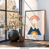 Modern Mountain Wall Art, Rainbow Print, Boho Nursery Decor, Celestial Landscape, Kids Room Decor, Minimalist Art Print, Framed Art - Tawshia
