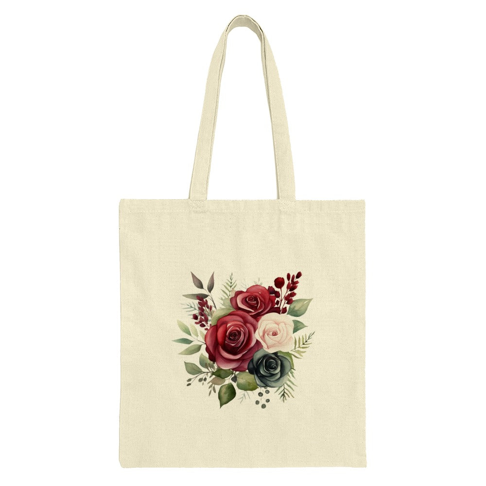 Floral Tote Bag, Rose Flower Market Bag, Botanical Print Reusable Shopping Bag, Burgundy Flower Art Tote, Book Bag, Everyday Carry Bag - Tawshia