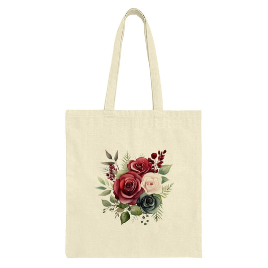 Floral Tote Bag, Rose Flower Market Bag, Botanical Print Reusable Shopping Bag, Burgundy Flower Art Tote, Book Bag, Everyday Carry Bag - Tawshia