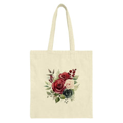Floral Tote Bag, Rose Flower Market Bag, Botanical Print Reusable Shopping Bag, Burgundy Flower Art Tote, Book Bag, Everyday Carry Bag - Tawshia