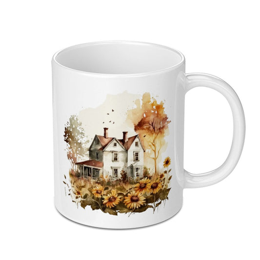 Watercolor Farmhouse Mug, Country Home Coffee Cup, Sunflower Lover Gift, Autumn Fall Vibes Mug, Cozy Cottage Chic Drinkware, Housewarming - Tawshia