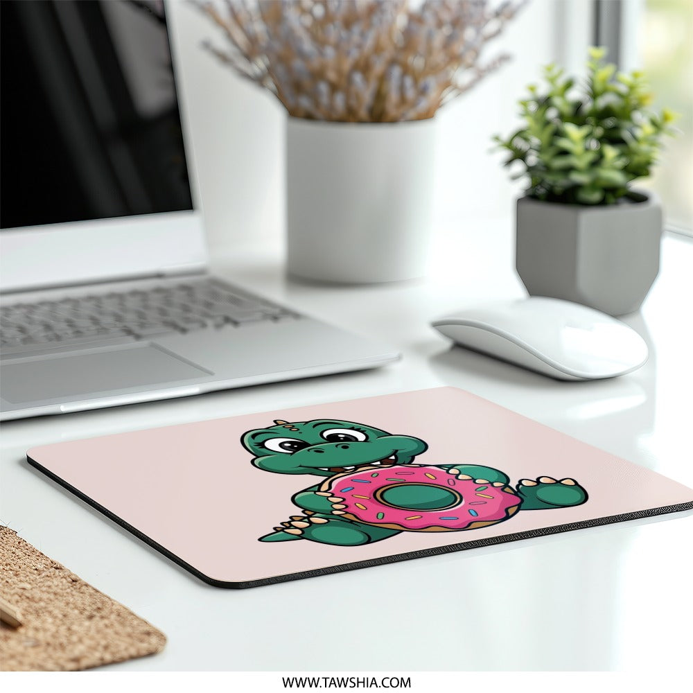 Cute Dinosaur Eating Donut Mouse Pad, Sweet Treat Lover, Desk Decor, Funny Animal Gift, Cartoon Reptile, Pink Donut Illustration - Tawshia