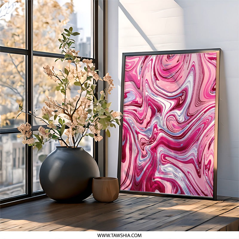 Pink Marble Wall Art, Abstract Swirls Print, Modern Home Decor, Trendy Wall Hanging, Aesthetic Room Art, Contemporary Design - Tawshia