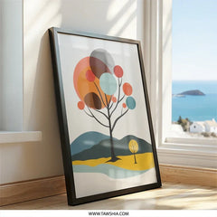 Mid Century Modern Wall Art, Abstract Tree Print, Geometric Landscape Art, Minimalist Nature Decor, Scandinavian Home Decor, Framed Art - Tawshia