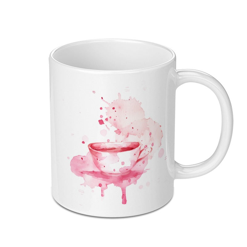 Watercolor Tea Cup Mug, Coffee Mug, Pink Watercolor Splash, Unique Gift Idea, Tea Lover Gift, Drinkware, Hot Cocoa Mug (137 characters) - Tawshia