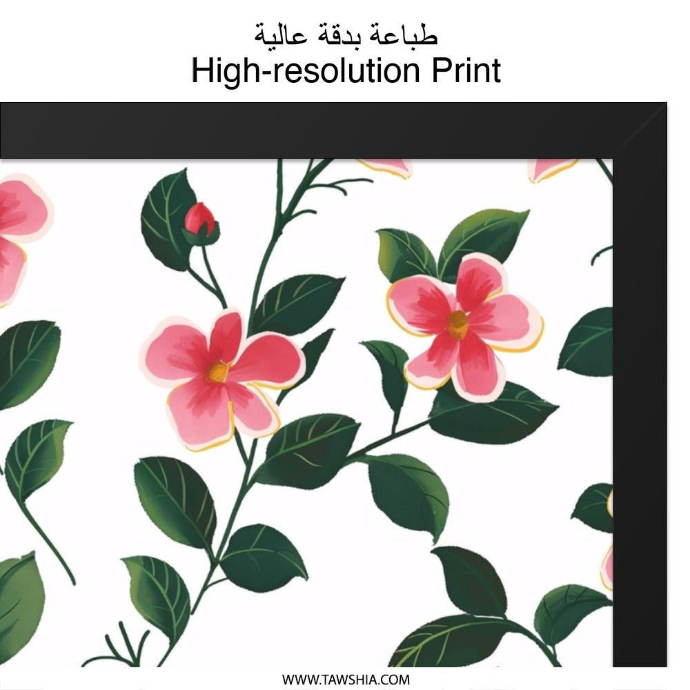 Pink Floral Pattern Wall Art, Botanical Print, Flower Artwork, Ladybug Accent, Nature Inspired Decor, Floral Home Decor - Tawshia