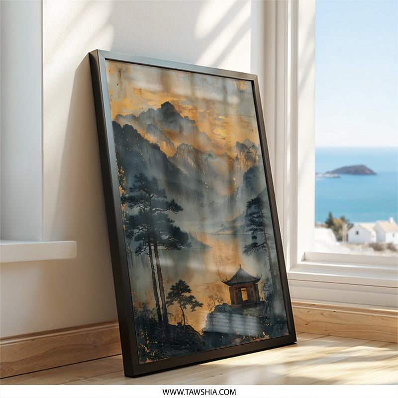Asian Landscape Wall Art, Mountain Lake Painting, Pagoda Print, Oriental Home Decor, Serene Wall Hanging, Peaceful Art Print - Tawshia