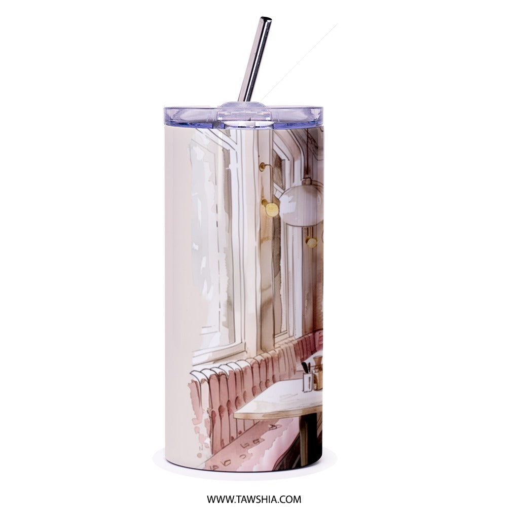 Cozy Cafe Tumbler, Watercolor Art Tumbler, Coffee Shop Tumbler, Unique Drinkware, Gift for Coffee Lovers, Artistic Tumbler - Tawshia
