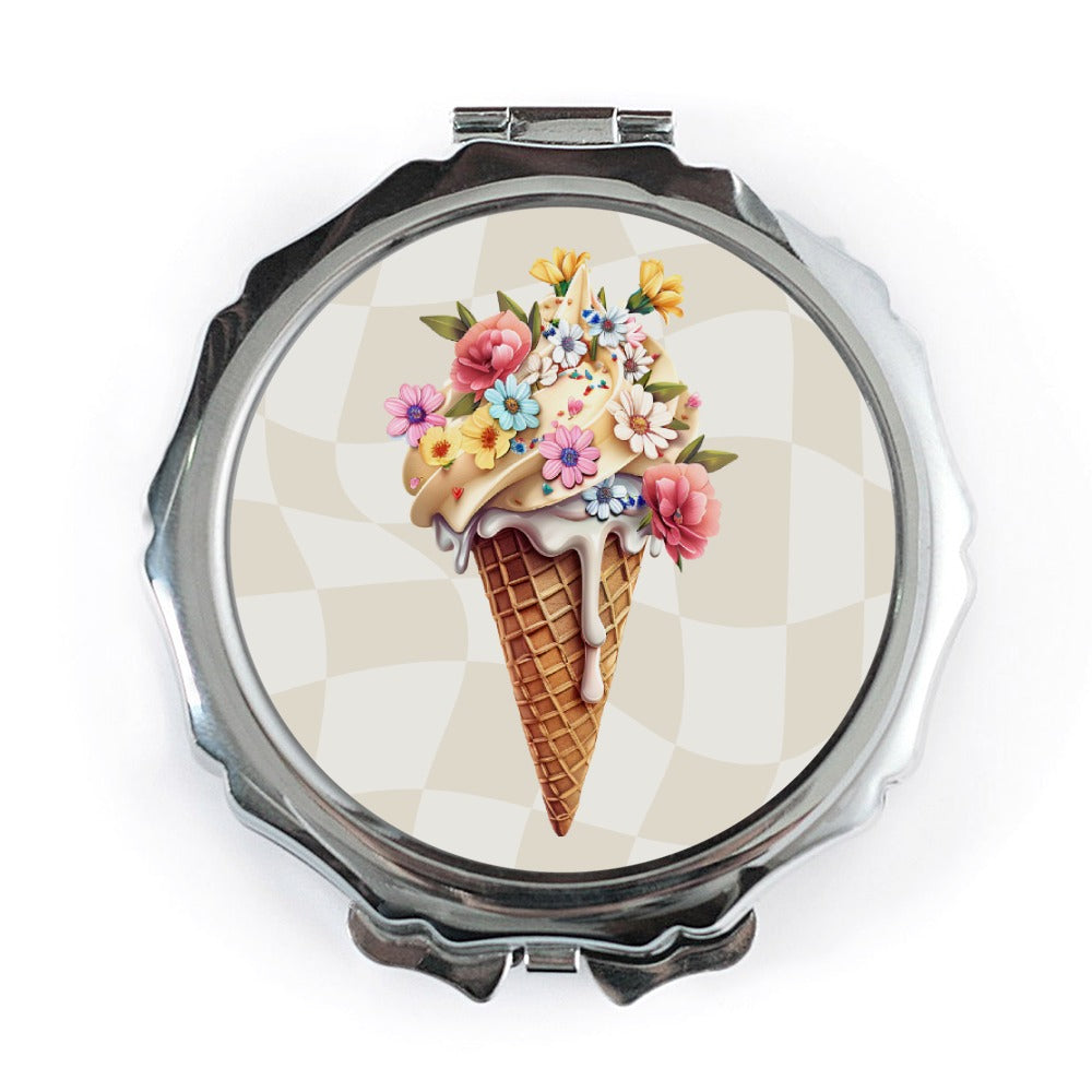 Floral Ice Cream Cone Mirror, Aesthetic Travel Mirror, Cute Makeup Mirror, Trendy Pocket Mirror, Gift for Her, Checkerboard Background - Tawshia