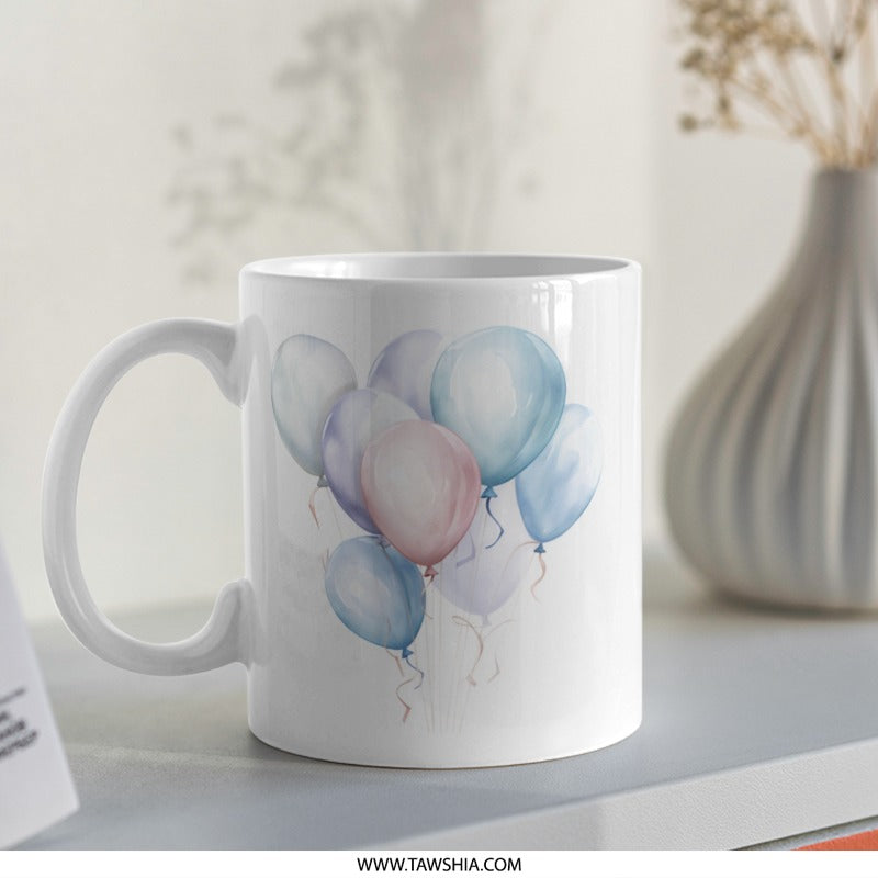 Balloons Mug, Watercolor Balloons Design, Party Mug, Celebration Mug, Birthday Mug, Pastel Balloons Mug, Unique Mug, Gift Mug - Tawshia