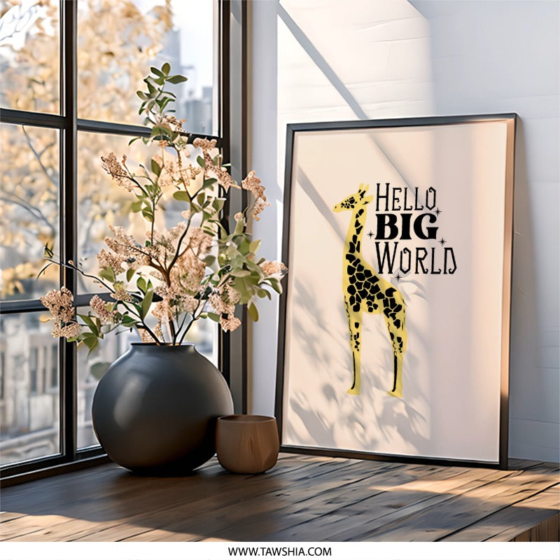 Giraffe Framed Wall Art, Nursery Decor, Kids Room Art, Hello Big World Print, Animal Art, Safari Theme, Modern Art, Gift Idea - Tawshia