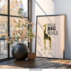 Giraffe Framed Wall Art, Nursery Decor, Kids Room Art, Hello Big World Print, Animal Art, Safari Theme, Modern Art, Gift Idea - Tawshia