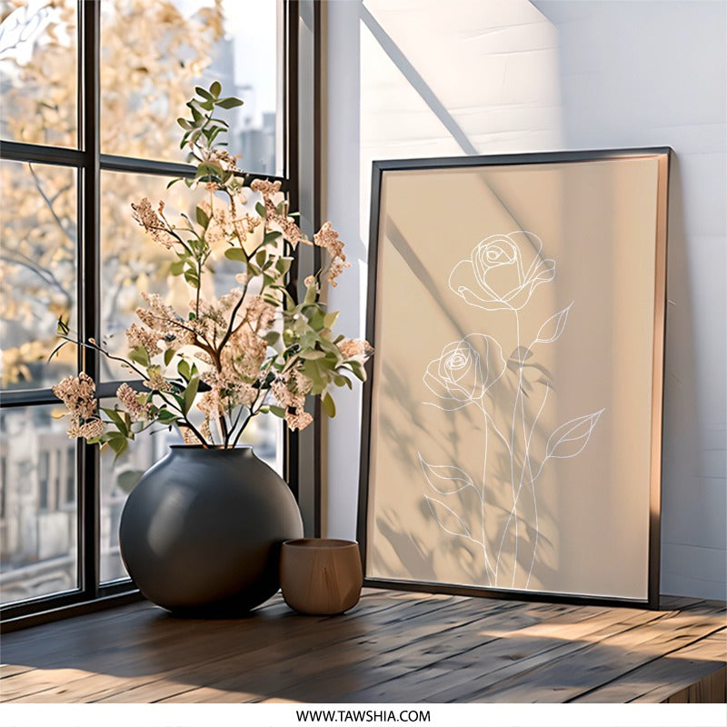 Rose Line Art, Floral Wall Art, Minimalist Print, Botanical Drawing, Elegant Home Decor, Modern Wall Hanging, Flower Artwork - Tawshia