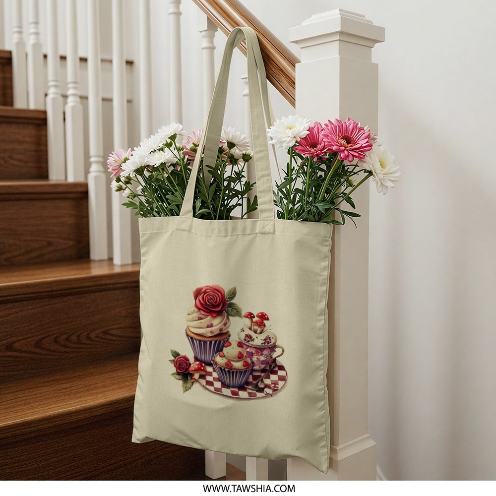 Cupcake Tote Bag, Rose and Mushroom, Foodie Gift, Whimsical Design, Artistic Bag, Unique Tote, Everyday Bag, Stylish Design - Tawshia