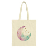 Watercolor Moon Tote Bag, Crescent Moon and Stars, Celestial Tote, Magical Gift, Whimsical Tote Bag, Pastel Moon Bag, Dreamy Moon Design - Tawshia
