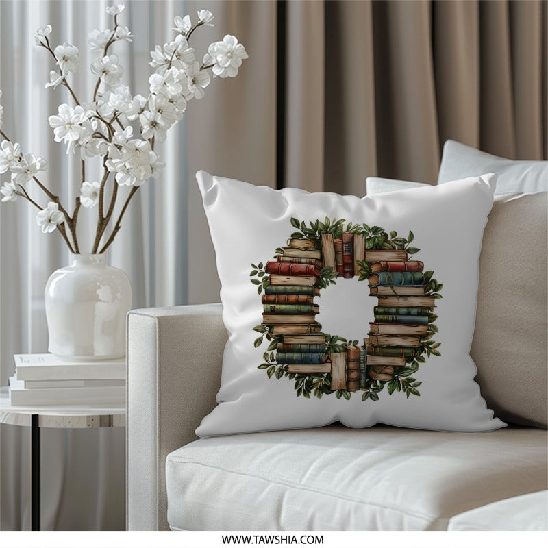 Book Lover Pillow, Literary Wreath Pillow, Stacks of Books, Library Decor Pillow, Bookish Gifts, Home Decor Pillows - Tawshia