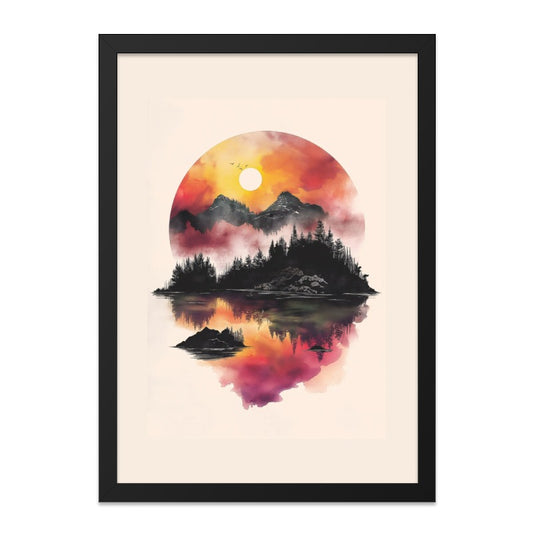 Mountain Lake Wall Art, Sunset Reflection Print, Nature Landscape Poster, Forest Silhouette Artwork, Serene Home Decor - Tawshia