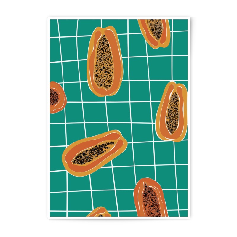 Papaya Pattern Photographic Print, Tropical Fruit Art, Kitchen Decor, Teal Background, Food Print, Modern Art, Trendy Wall Art - Tawshia
