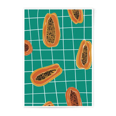 Papaya Pattern Photographic Print, Tropical Fruit Art, Kitchen Decor, Teal Background, Food Print, Modern Art, Trendy Wall Art - Tawshia
