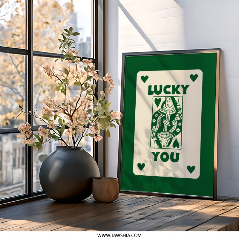 Lucky You Wall Art, Queen of Hearts Print, Playing Card Art, Green Aesthetic Decor, Trendy Home Decor, Gambler Gift, Unique Wall Hanging - Tawshia