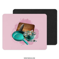 Kitchen Still Life Mouse Pad, Floral Bowl, Frying Pan, Cutting Board, Knife, Watercolor Kitchen Art Desk Accessory, Chef Gift - Tawshia