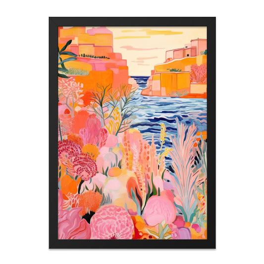 Coastal Town Wall Art, Colorful Floral Print, Mediterranean Decor, Unique Home Decor, Vivid Artwork, Coastal Decor, Framed Art - Tawshia