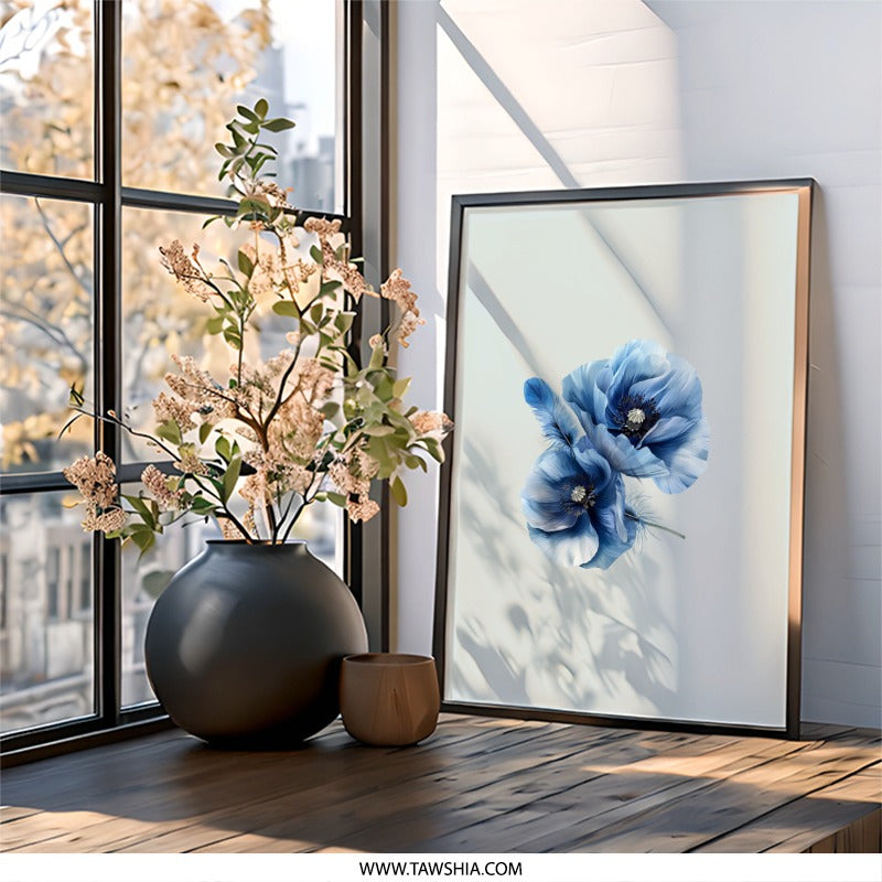 Blue Poppy Wall Art, Floral Print, Flower Wall Decor, Botanical Art, Modern Home Decor, Minimalist Art, Elegant Gift - Tawshia