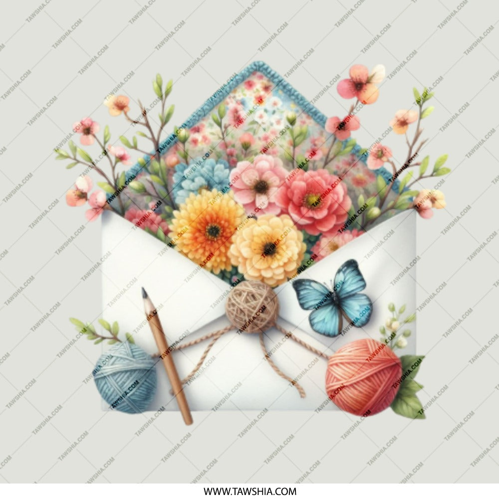 Floral Envelope Pinback, Crafty Pin Button, Yarn Flowers Stationery Badge, Cute Butterfly Pin, Artistic Accessories Gift, DIY Lover - Tawshia