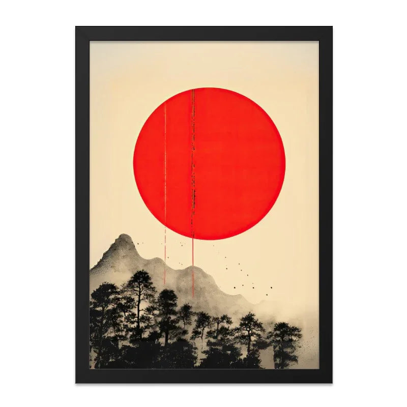 Japanese Sunrise Wall Art, Minimalist Landscape Print, Red Sun Mountain Painting, Asian Inspired Home Decor, Contemporary Artwork - Tawshia