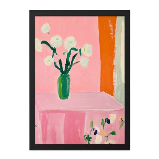 Still Life Flowers Wall Art, Pink Floral Decor, Abstract Painting Print, Green Vase Artwork, Modern Home Art, Colorful Wall Decor - Tawshia
