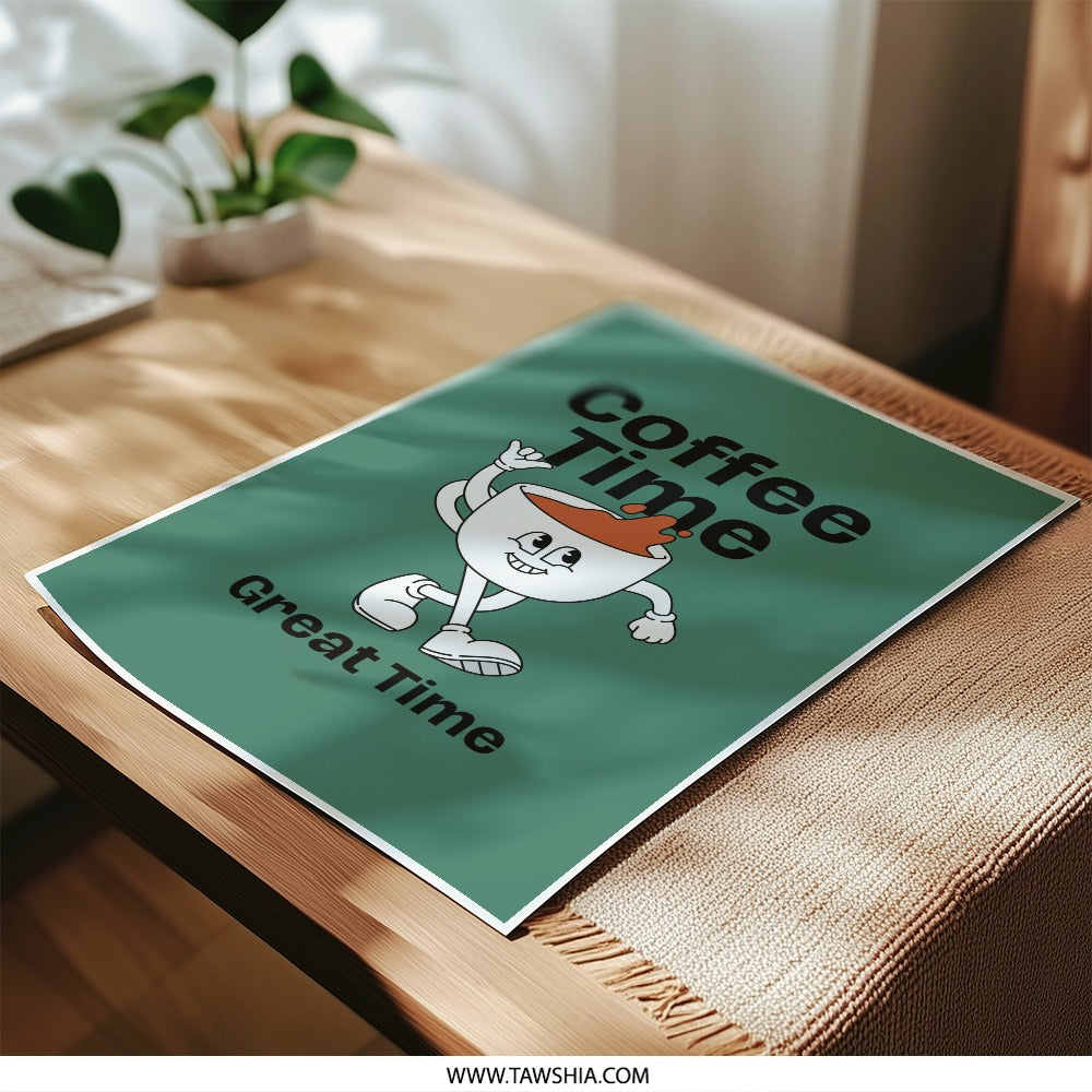 Coffee Time Photographic Print, Retro Cartoon Art, Great Time Poster, Fun Kitchen Decor, Coffee Lover Gift, Quirky Wall Art - Tawshia