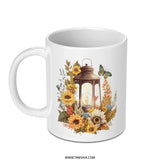 Lantern Sunflower Mug, Floral Mug, Butterfly Decor Mug, Autumn Flower Coffee Mug, Fall Theme Tea Cup, Nature Lover Gift, Gift for Her - Tawshia